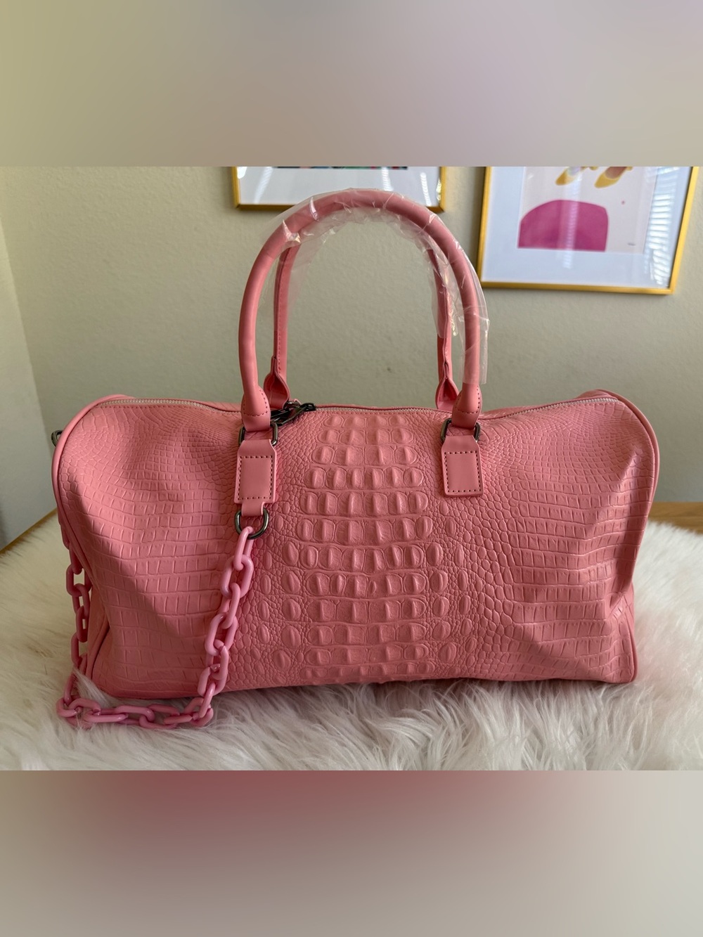 NEW Privata Croc-Embossed Pink Travel Duffel with Removable Shoulder Strap
